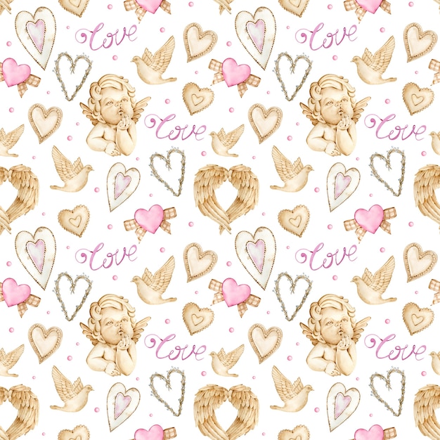 Watercolor Valentine's Day background with angels, wings and hearts.