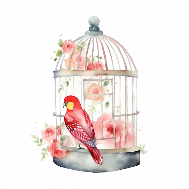 Watercolor Valentine's Day lovebird cage white background AI generate illustration