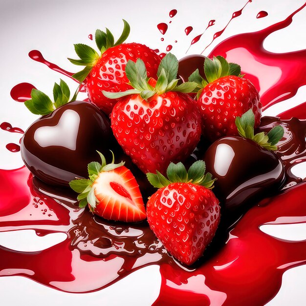 Watercolor valentine strawberries covered chocolate burst explosion splash in the air on white background