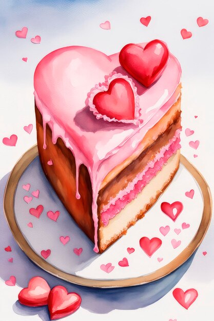 Watercolor valentine with heart shaped cake on a white background