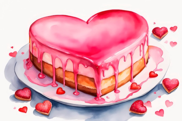 Watercolor valentine with heart shaped cake on a white background