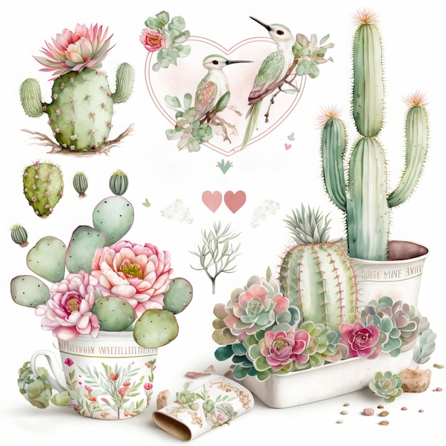 Watercolor valentines day cactus set