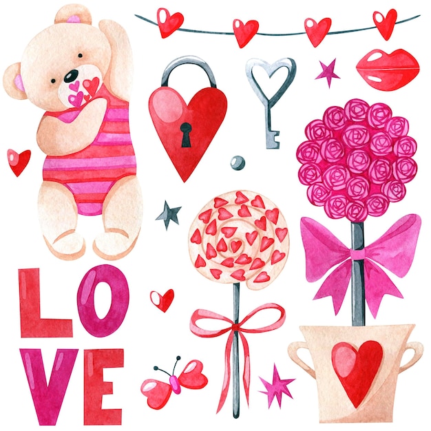 watercolor valentines day clipart set with teddy bear lips candies hearts keys holiday illustrations