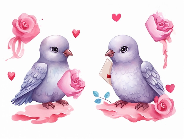 Watercolor valentines day love pigeon couple hand drawn watercolor illustration for greeting card or invitation design