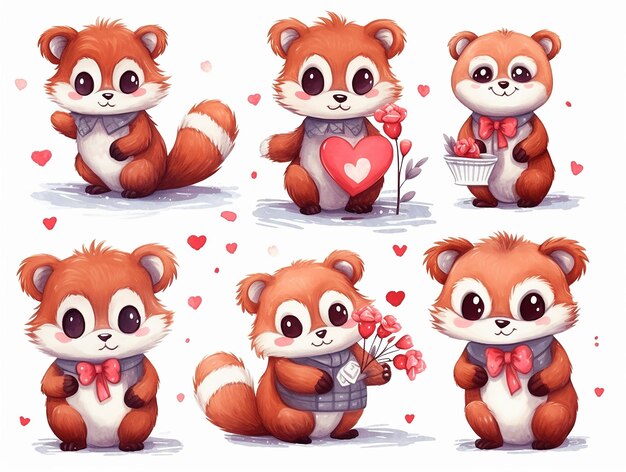 Watercolor valentines day love red panda couple hand drawn watercolor illustration for greeting card or invitation design