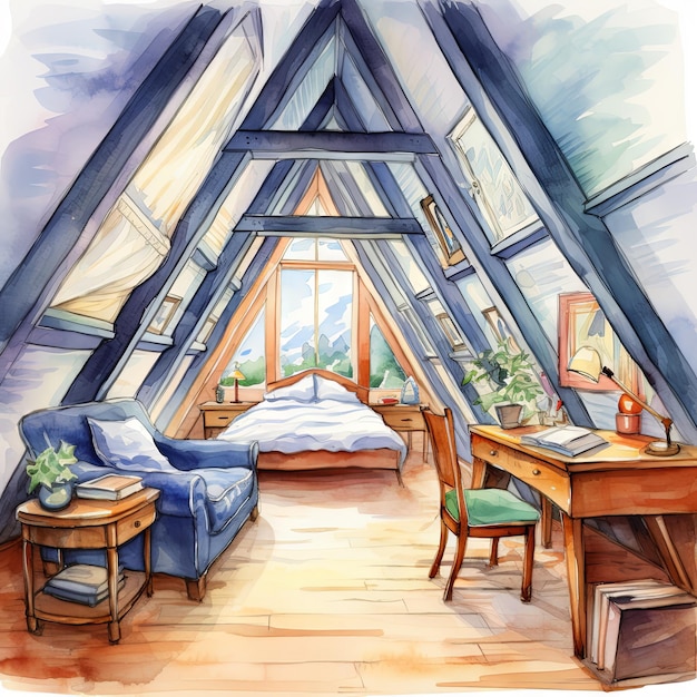 Watercolor Vector illustration of an Attic room