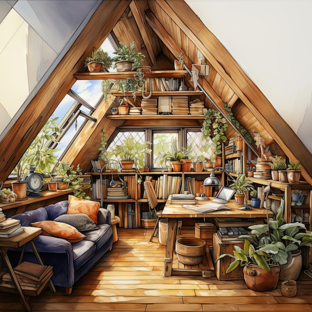 Watercolor Vector illustration of an Attic room