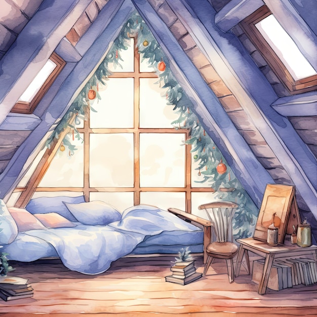 Watercolor Vector illustration of an Attic room