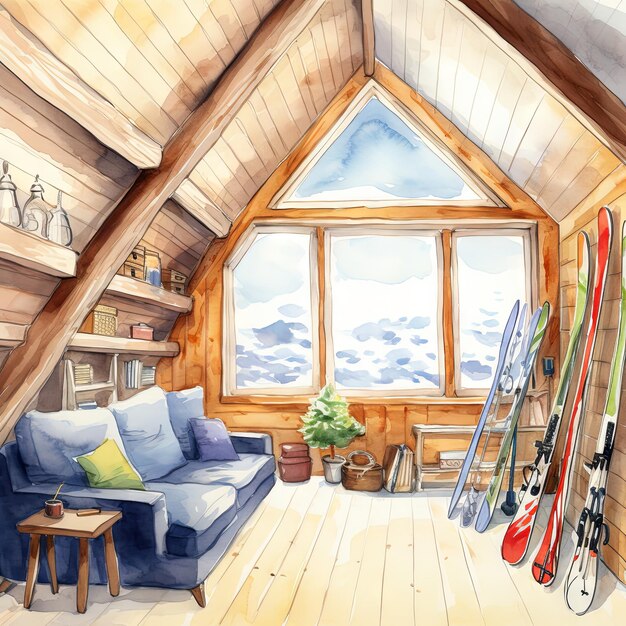 Watercolor vector illustration of an attic room