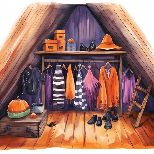 Watercolor Vector illustration of an Attic room