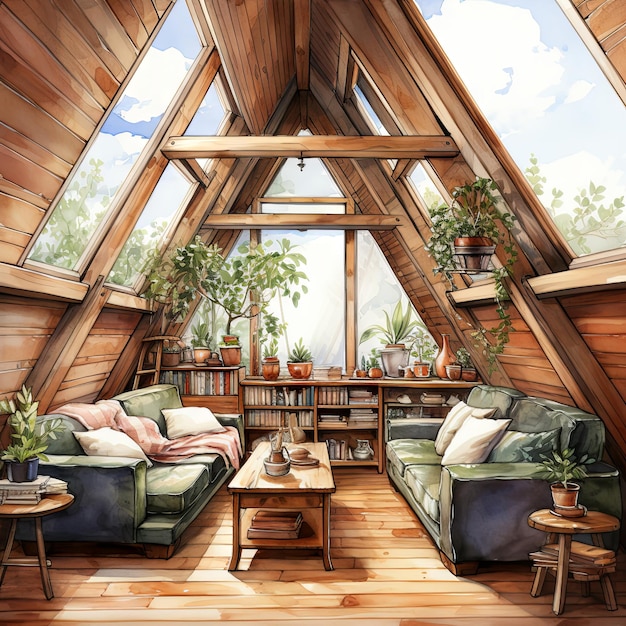 Watercolor Vector illustration of an Attic room