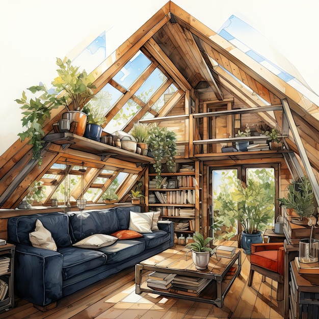 Watercolor Vector illustration of an Attic room