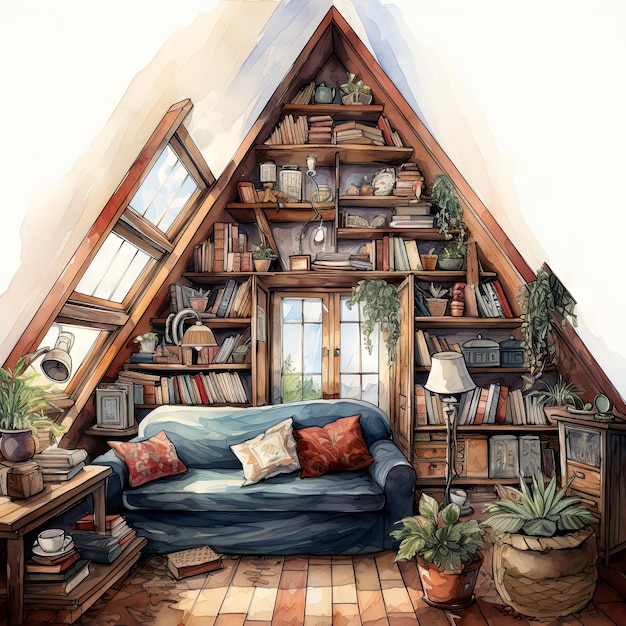 Watercolor Vector illustration of an Attic room