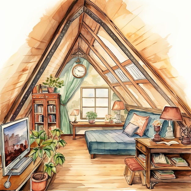 Photo watercolor vector illustration of an attic room