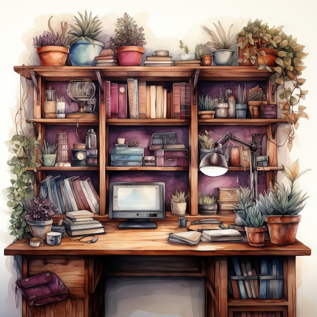 Watercolor Vector illustration of a home library