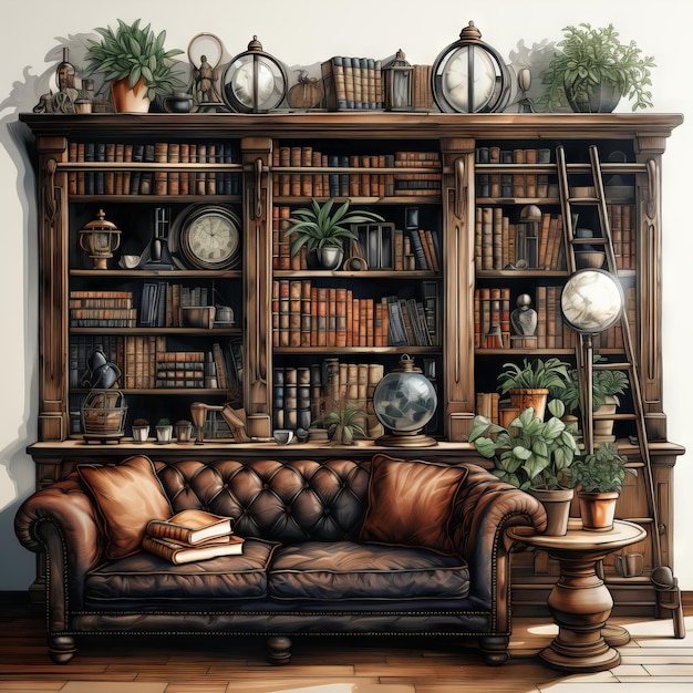 Photo watercolor vector illustration of a home library