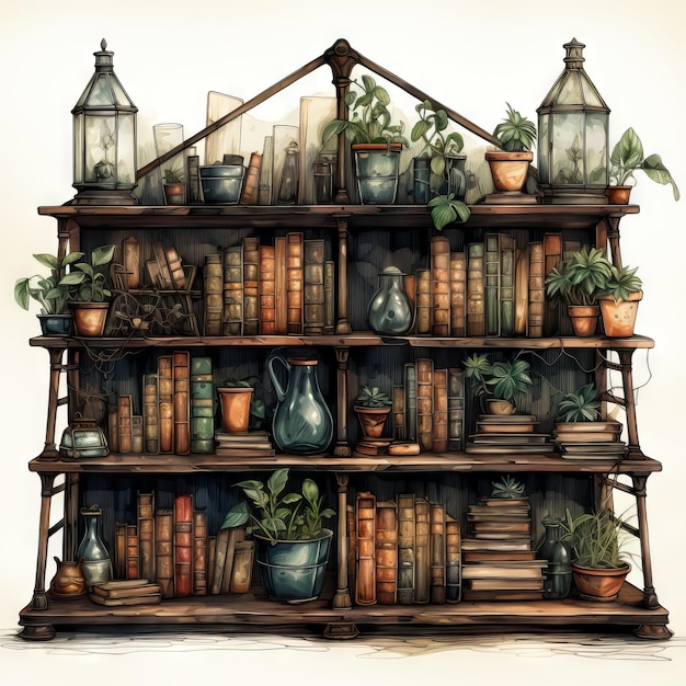 Watercolor Vector illustration of a home library