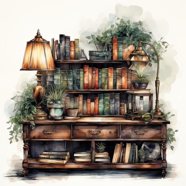 Watercolor Vector illustration of a home library