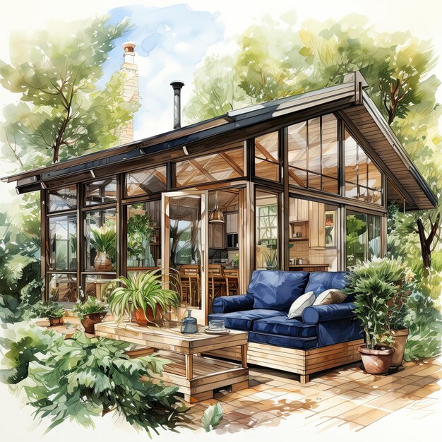 Watercolor Vector illustration of a Sunroom