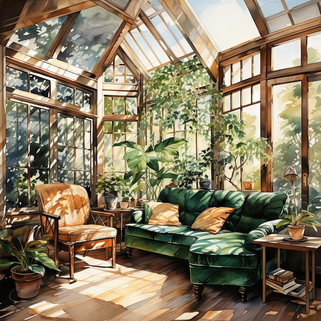 Photo watercolor vector illustration of a sunroom