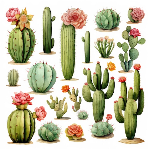 Watercolor vector set of cactus and succulent plants isolated on white background