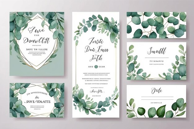 Photo watercolor vector set wedding invitation card template design with green eucalyptus leaves illustration for cards save the date greeting design floral invite