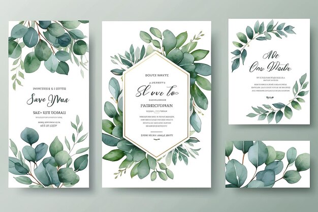Акварель векторный набор свадебные приглашения шаблон дизайна карты с зелеными листьями эвкалипта иллюстрация для карт сохранить дату приветственный дизайн цветочное приглашение