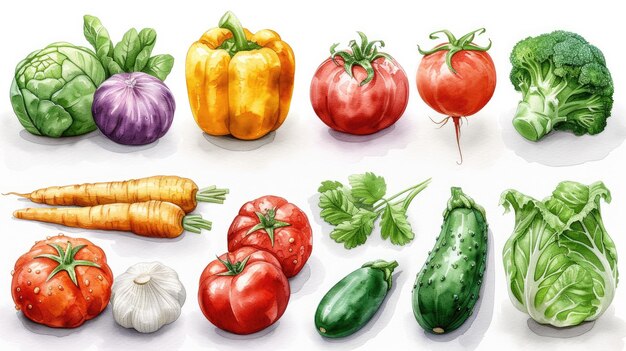 Photo watercolor vegetable on white background including chili peppers tomatoes broccoli carrots garlic