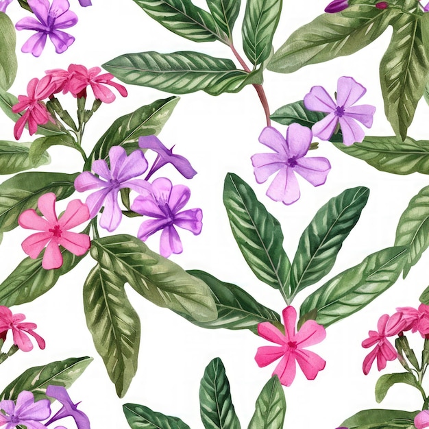 Watercolor verbena flowers with leaves seamless pattern
