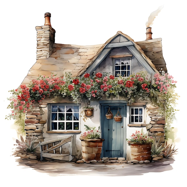 Watercolor Vernacular Cottage Depicting the Stone Facade and on White Background Aesthetics House