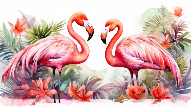 Watercolor Vibrant Exotic Flamingos