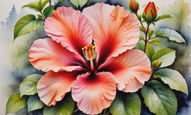 watercolor Vibrant hibiscus bud wet