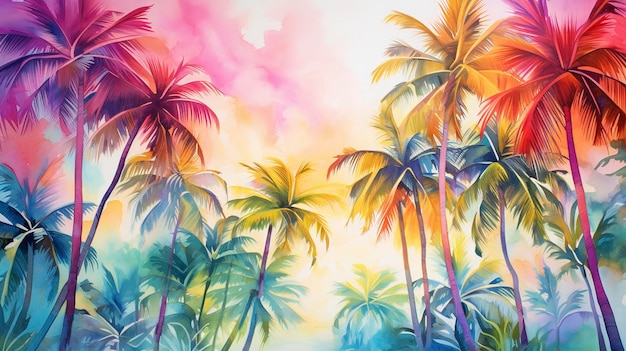 Watercolor Vibrant Tropical Palm Trees