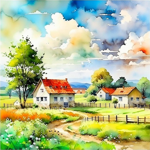 Photo watercolor village bright landscape with beautiful houses summer mood