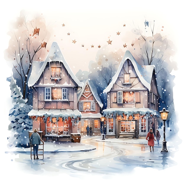 Watercolor of Village Square Ice Rink Snowfall Holiday Lights Cozy and Mag Set Collection Art Fes