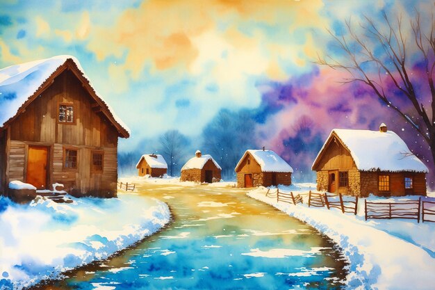 A watercolor village Tranquil Serenity Watercolor Painting of a Rustic Village Generative AI