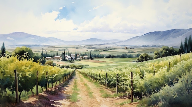 Watercolor Vineyard Landscape