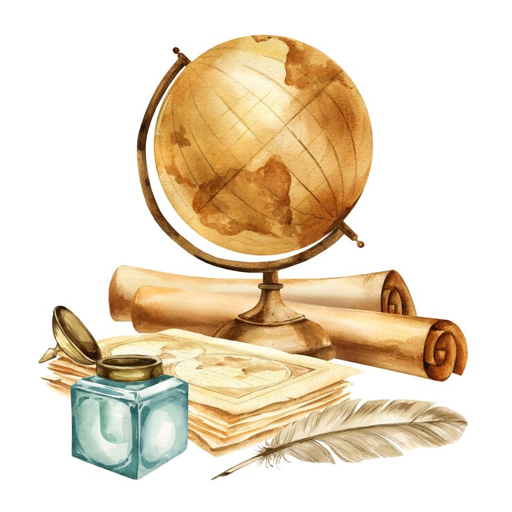 Photo watercolor vintage antique globe of earth textured beige paper map feather quill and glass inkwell old scrolled manuscripts illustration of navigation and study tools isolated white background