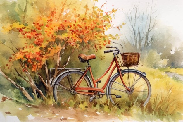 Watercolor vintage bicycle into a tree