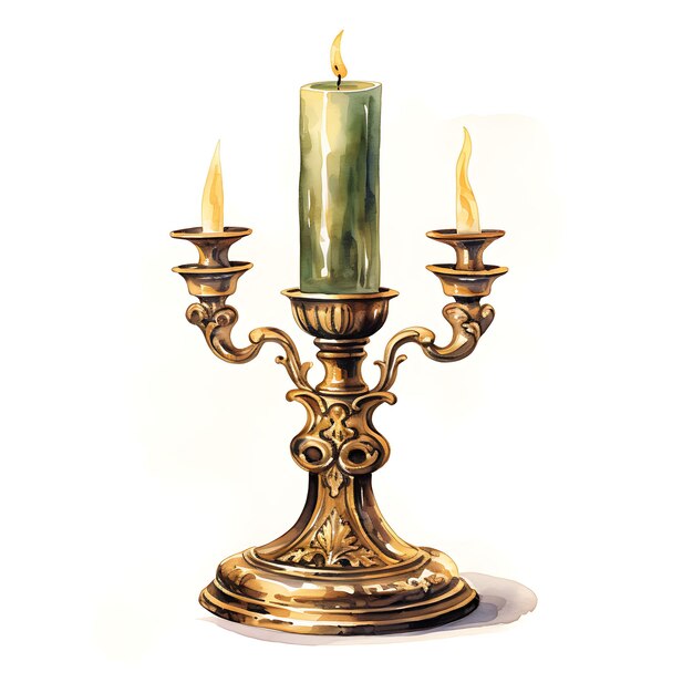 Watercolor of a Vintage Brass Candlestick Holder Featuring O Home Accents on White Back Ground