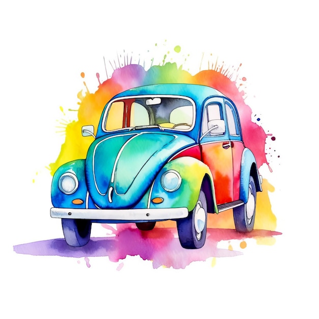 Photo watercolor vintage car an old car and rainbow spash on black background generative ai