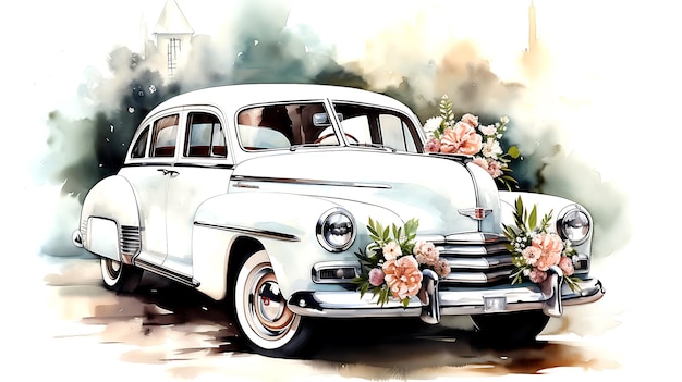 白い結婚式の背景に花束を持つ水彩のヴィンテージ車