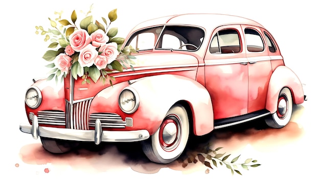 Watercolor Vintage Car with Bunch of Flowers on White wedding background