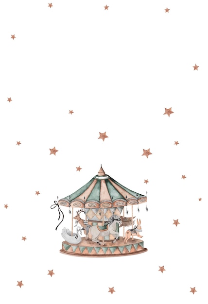 Watercolor vintage carousel with animals merry go round vintage image on a postcard for the holidays