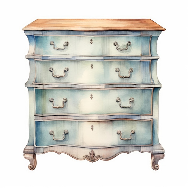 Watercolor a vintage chest of drawers with delicate handles white background AI generate