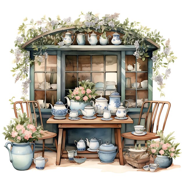 Watercolor of vintage china antique china store delicate porcelain tea set on white background art