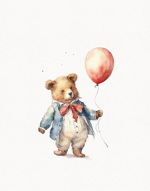 Watercolor vintage circus bear in a hat and with a balloon circus party