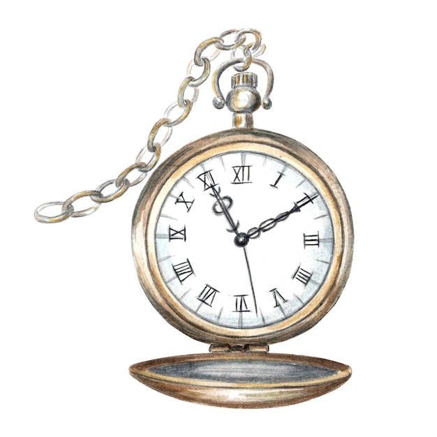 Watercolor vintage clock pocket watch isolated template illustration old retro accessories