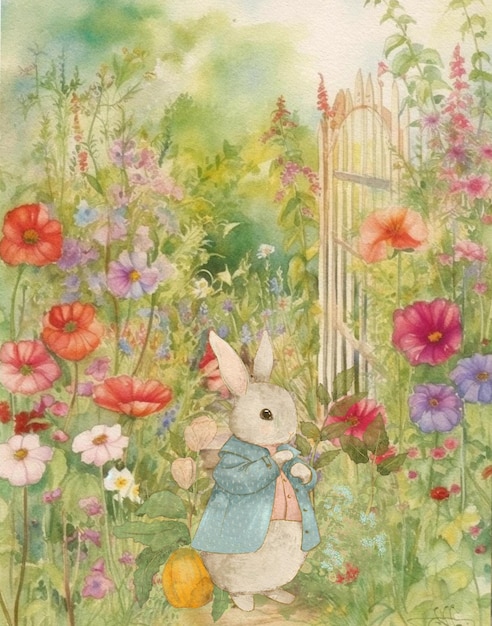 watercolor vintage drawing of a rabbit in vintage clothes walking in the garden vintage postcard