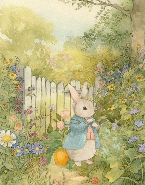 Photo watercolor vintage drawing of a rabbit in vintage clothes walking in the garden vintage postcard